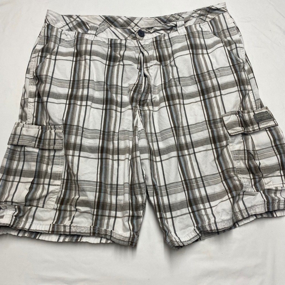 Wrangler Mens Plaid Cargo Shorts White Brown Blue Size 38 60CMW0J Cotton Utility